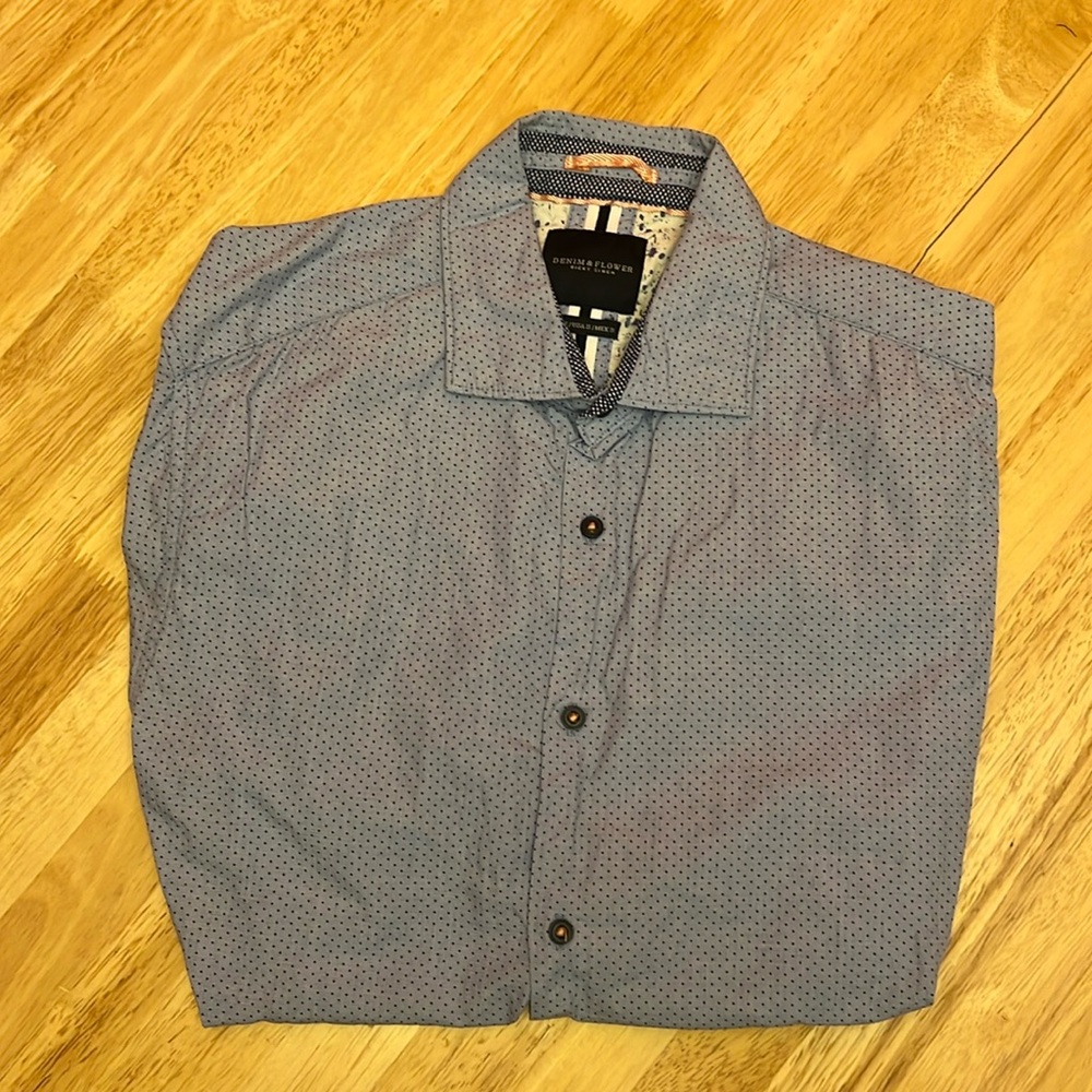 Denim & flower short sleeve men shirt